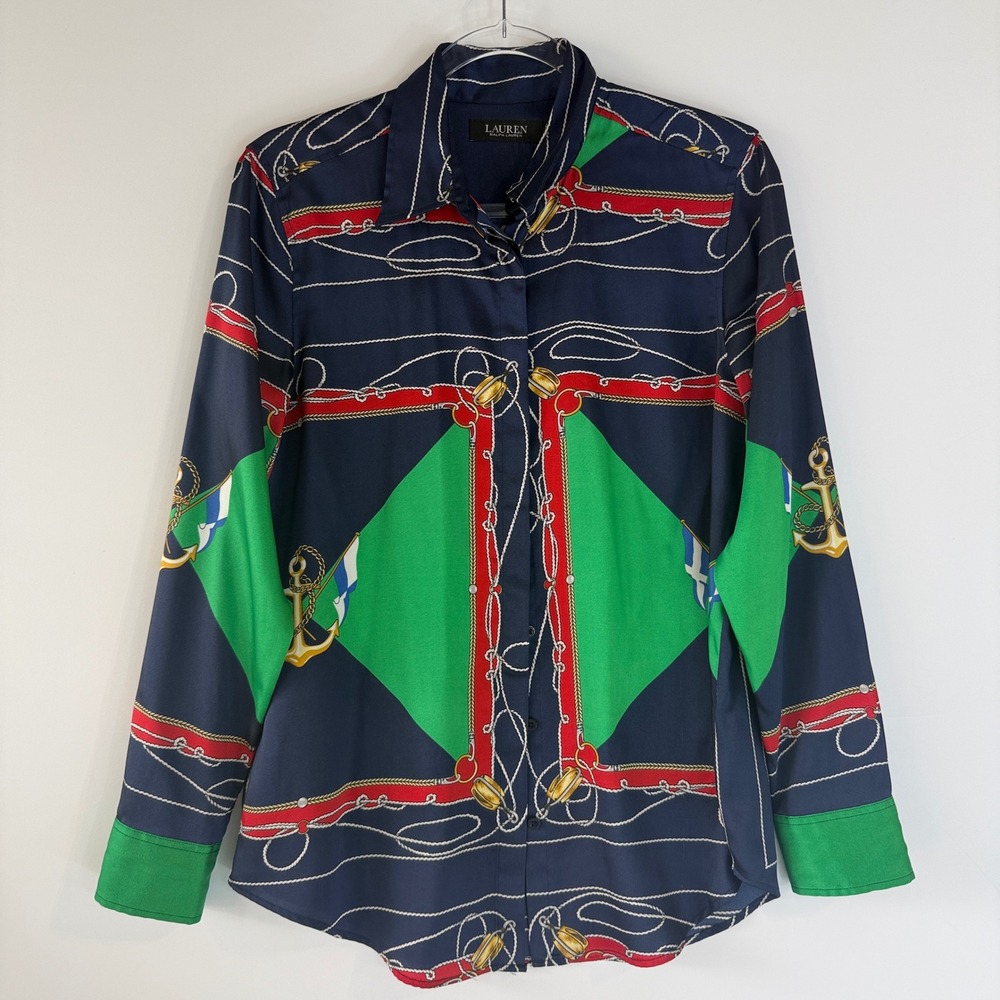 Lauren Ralph Lauren Button Down Women M Navy Nautical Scarf Print Anchor Shirt - Picture 3 of 11